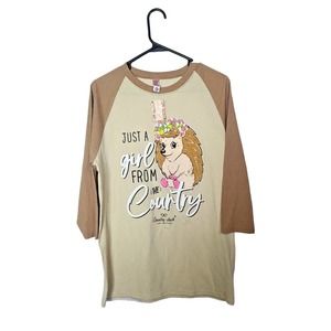 Country Chick Tan "Just a Girl From the Country" 3/4 Sleeve Womans Size Medium